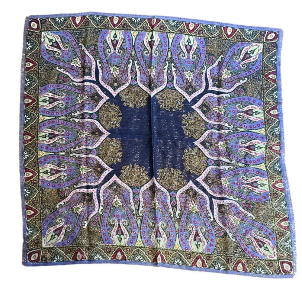 Oscar De La Renta Purple Wool Printed Sparkly Scarf fringe edges 30in Vintage